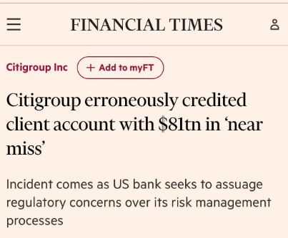 天顺平台:史上最大“乌龙指”!知名银行误给一客户存81万亿美元,足以收购整个美国股市,金额是马斯克全部资产的200多倍,90分钟后才发现